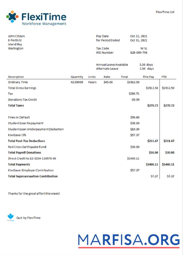 Downloadable USA FlexiTime workforce management & payroll solutions invoice example